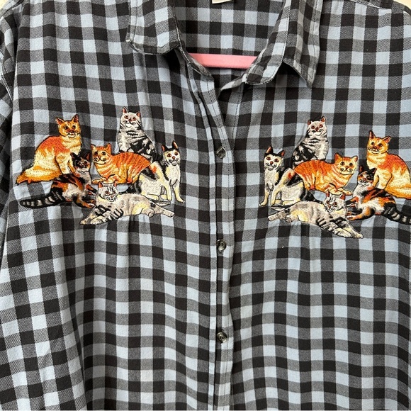 Vintage Plaid Flannel Embroidered Cats Long Sleeve Button Up - Like New - Large - Picture 2 of 8